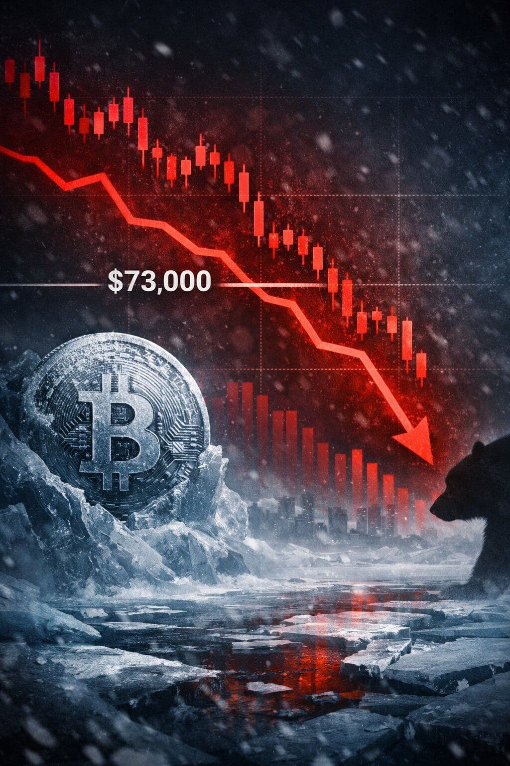Bitcoin crashes below $73,000 showing crypto winter  conditions with frozen Bitcoin and red bearish chart